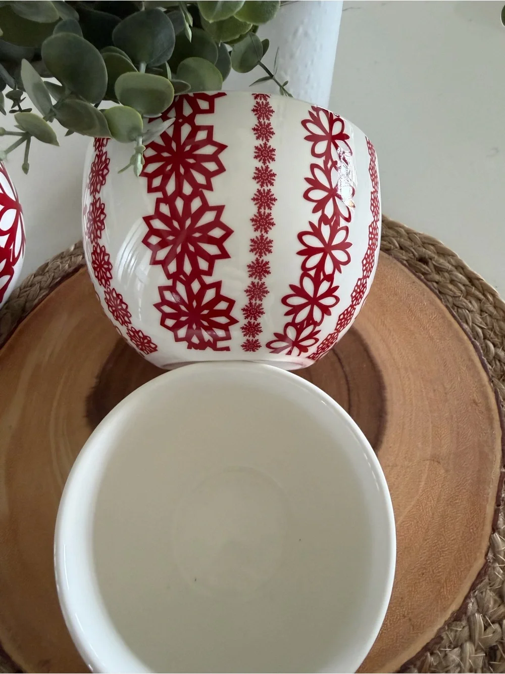 Crate & Barrel Kate Forrester White Ceramic Nesting Bowl Set with Red Snowflakes